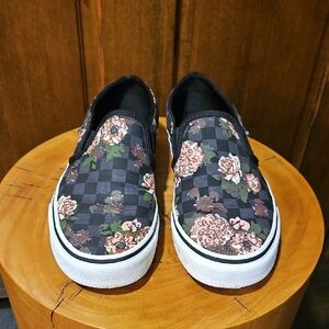 Vans Classic Slip On Asher Flowers And Checker Black Green Pink Size 7.5